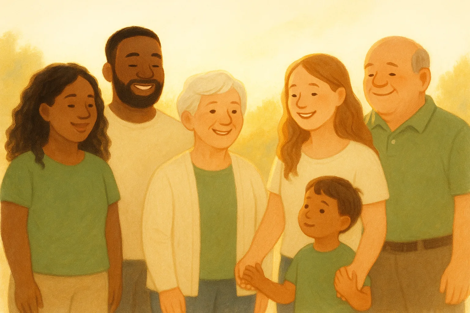 A diverse family and friends gathered in warm light