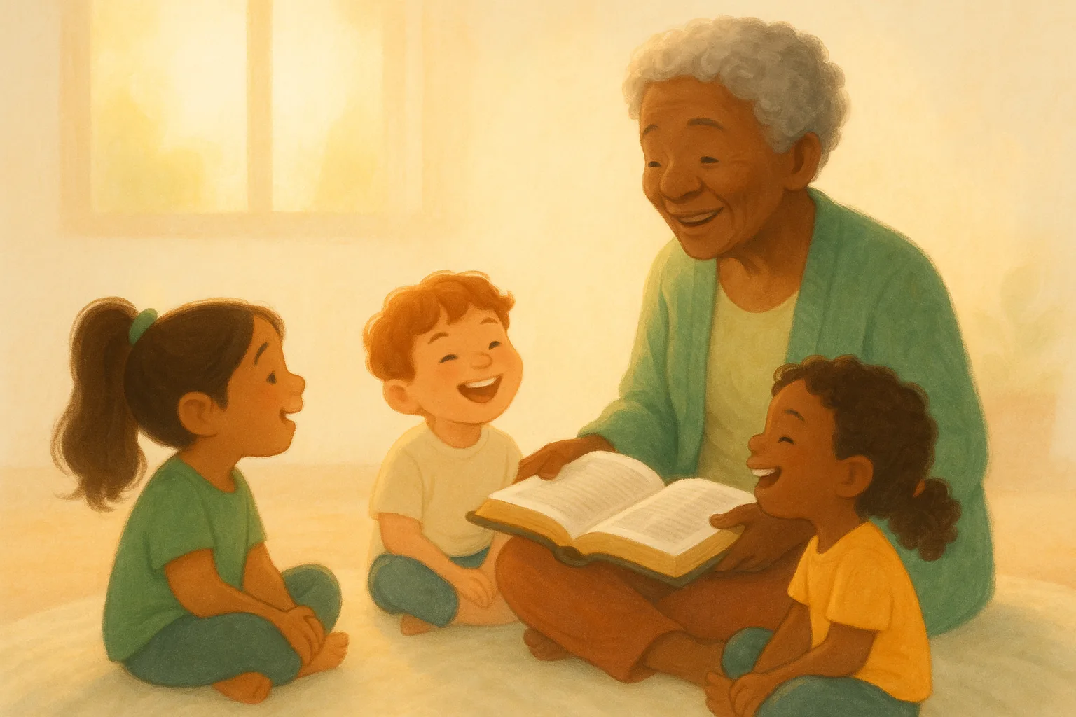 Children sharing a Bible story with an adult